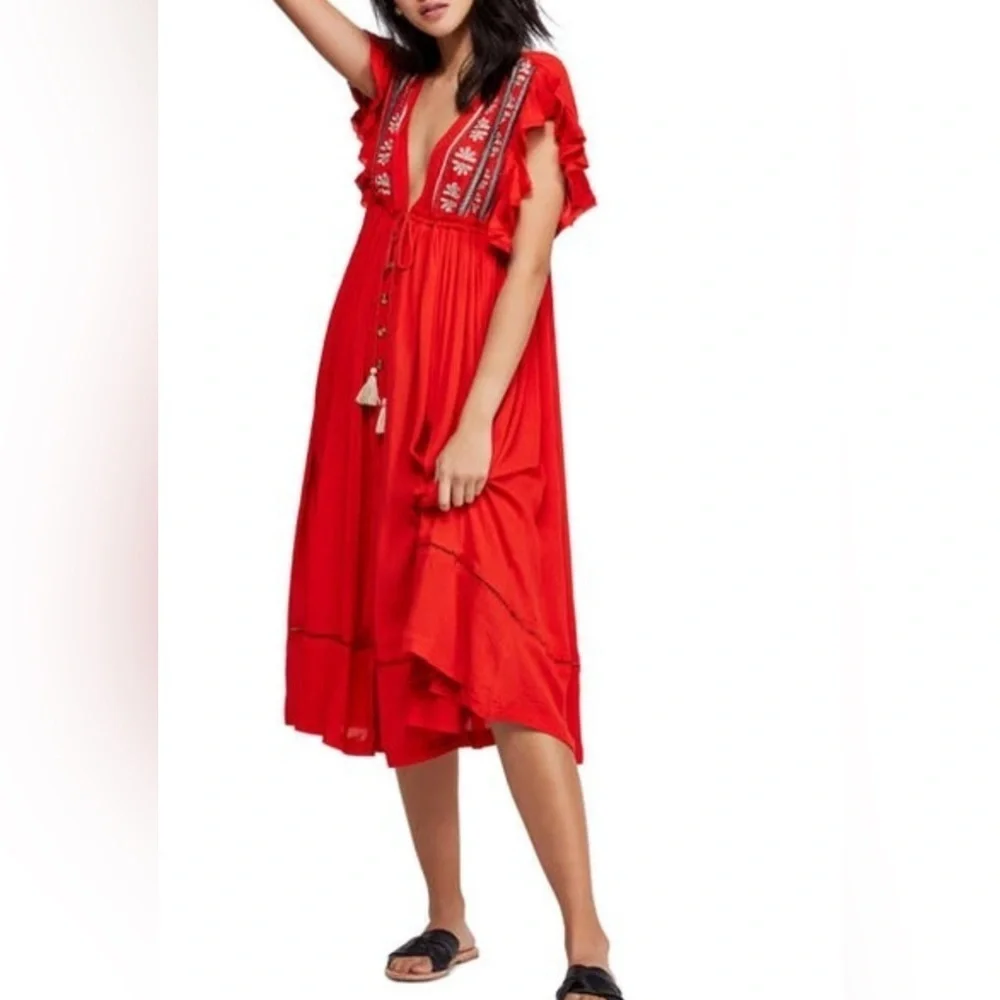 Free People Bali Will Wait For You Boho V Neck Midi Dress Red Embroidered Size S